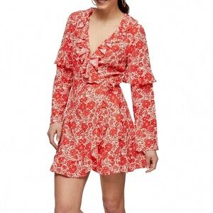 Topshop Womens Size 8 Red Orange Floral Print Ruffle Long Sleeve Wrap Mini Dress